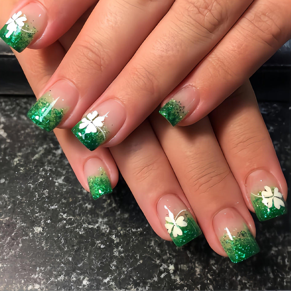 Enchanted Garden Short Square Green Ombre with Floral Accents Press On Nail Set