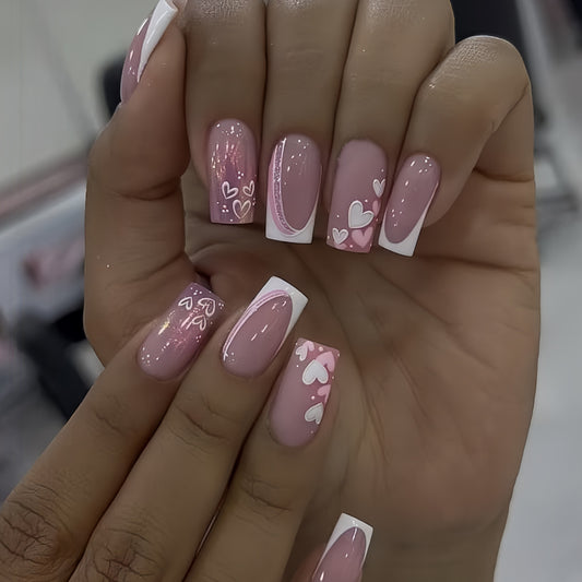Romantic Heartfelt Bliss Long Square Pink Press On Nail Set with Creative Heart Designs