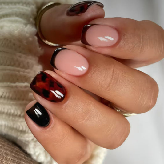 Chic Elegance Short Square Burgundy Black and Tortoiseshell Glossy Accent Nail Set