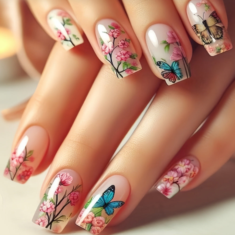 Blooming Spring Delight Long Square Pink Floral Nail Set with Butterfly Accents