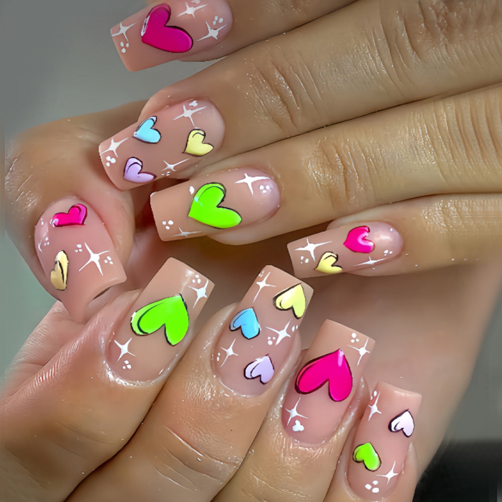Love in Bloom Charming Medium Square Press On Nails with Colorful Heart Designs