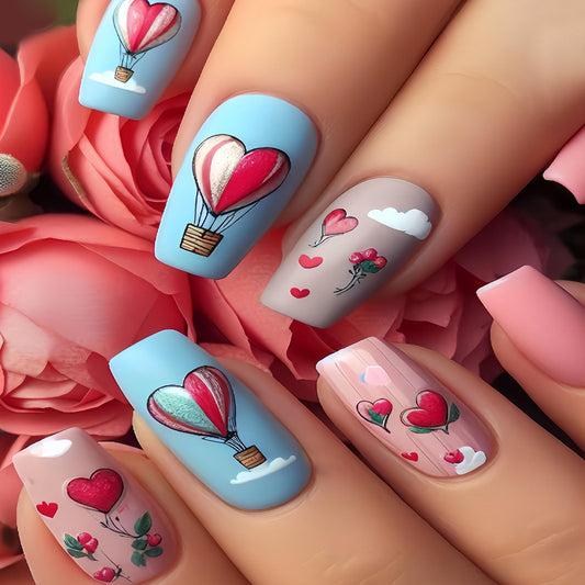 Love in the Sky Medium Coffin Light Blue and Pink Heart Balloon Nail Set with Whimsical Cloud Designs