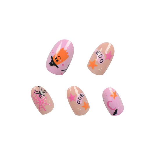 Spooky Charm Short Oval Pink Halloween Press on Nail Set with Glitter Accents and Cute Spooky Designs