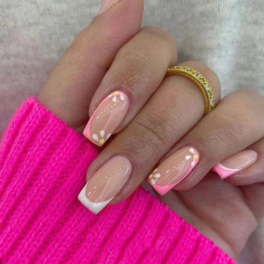 Elegant Affair Medium Square Pastel Pink Press On Nail Set with White French Tips and Glitter Accents