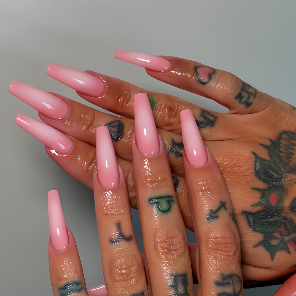 Bohemian Elegance Long Coffin Shaped Ombre Pink Press On Nail Set with Glossy Finish