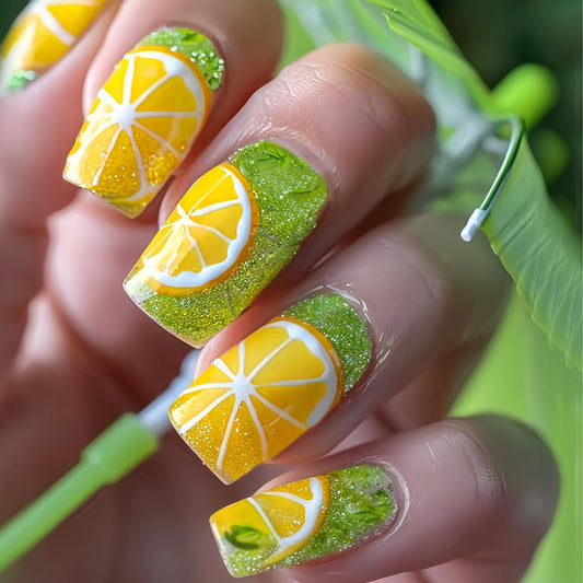 Citrus Splash Medium Square Yellow and Green Press On Nail Set with Vibrant Lemon Slice Design