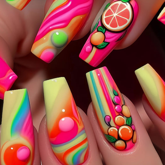 Citrus Splash Long Coffin Colorful Ombre Design with Fruit Accents Press On Nail Set