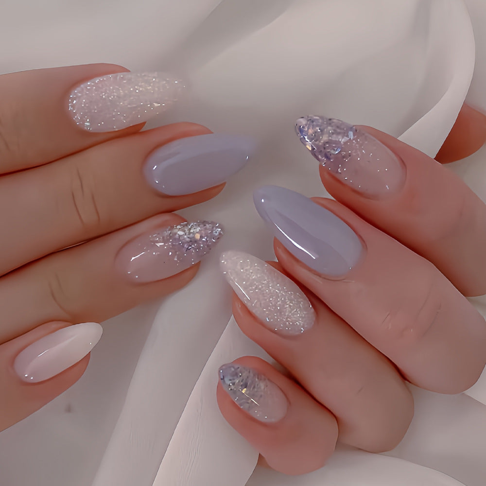 Whimsical Elegance Long Almond Lavender Gradient Press on Nail Set with Sparkling Accents