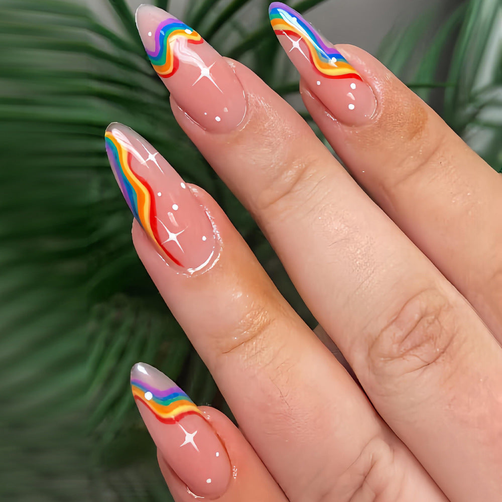 Rainbow Bliss Long Almond Pink Press-On Nail Set with Vibrant Colorful Waves and Sparkling Accents