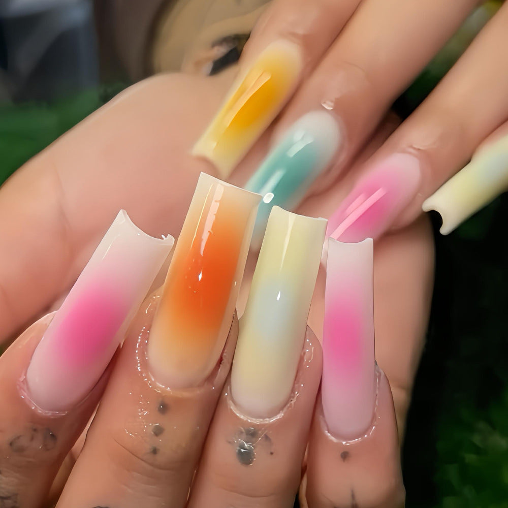 Tropical Sunset Long Square Gradient Ombre Press On Nail Set with Unique Color Fusion Design