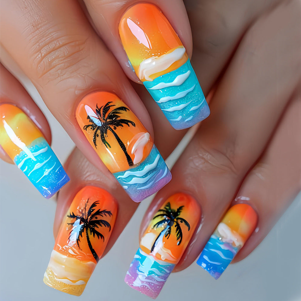 Tropical Oasis Long Square Gradient Orange and Blue Nail Set with Stunning Palm Tree Design