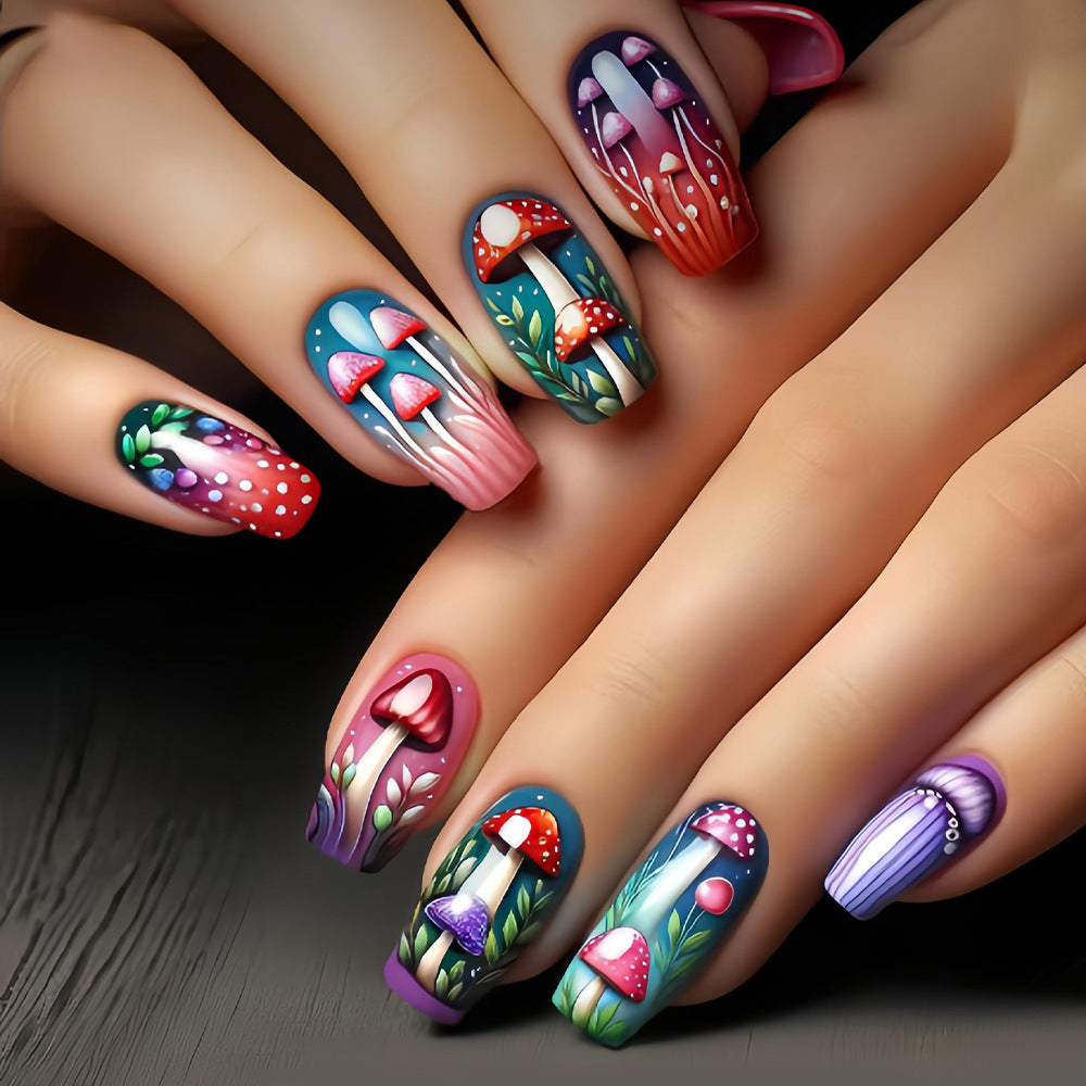 Enchanting Garden Fantasy Long Coffin Press On Nails Multicolored with Whimsical Mushroom Designs