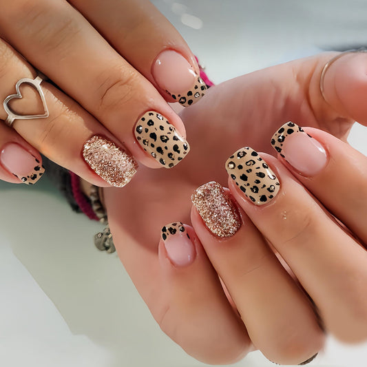 Wild Safari Elegance Medium Square Beige with Leopard Print and Sparkling Glitter Press-On Nail Set