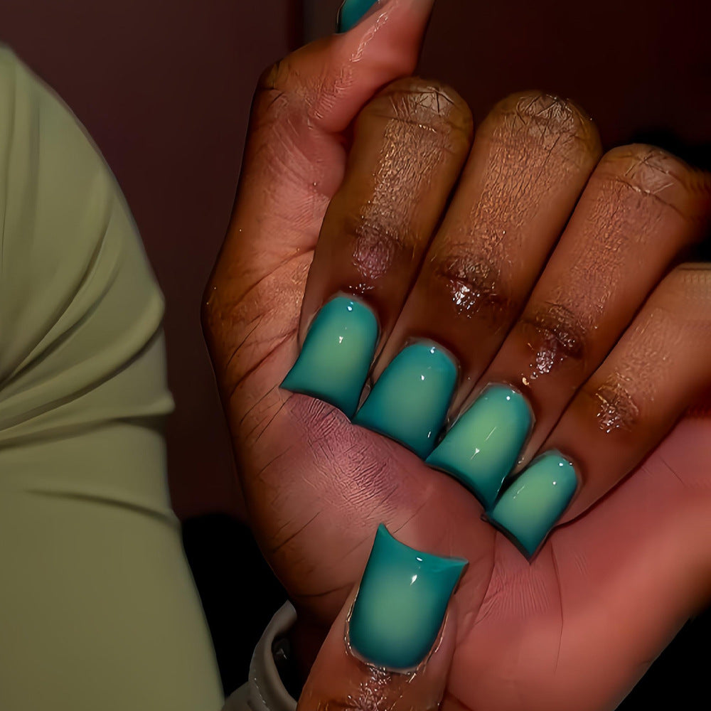 Ocean Breeze Long Duck Shaped Teal Glossy Press On Nail Set for Effortless Glam Style