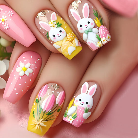 Springtime Delight Long Square Pink with Bunny and Floral Art Press-On Nail Set