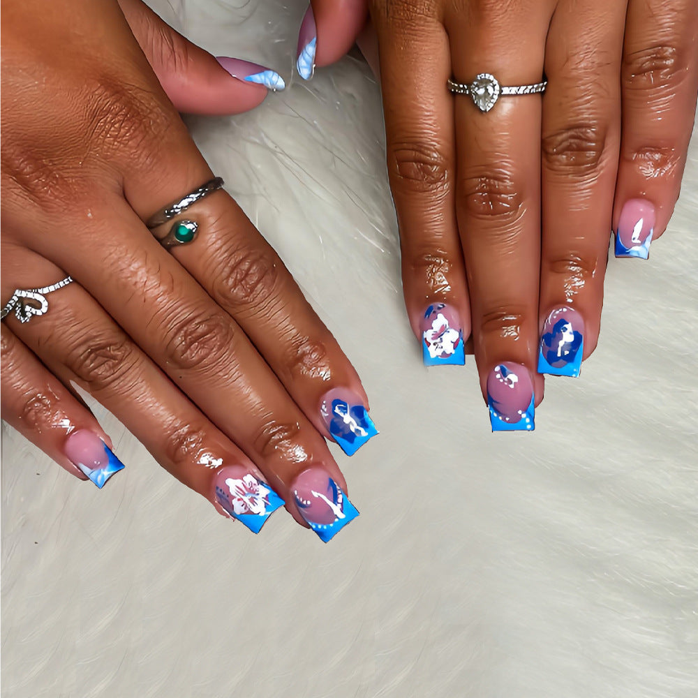 Ocean Breeze Short Square Blue Ombre Press On Nail Set with Floral Accents