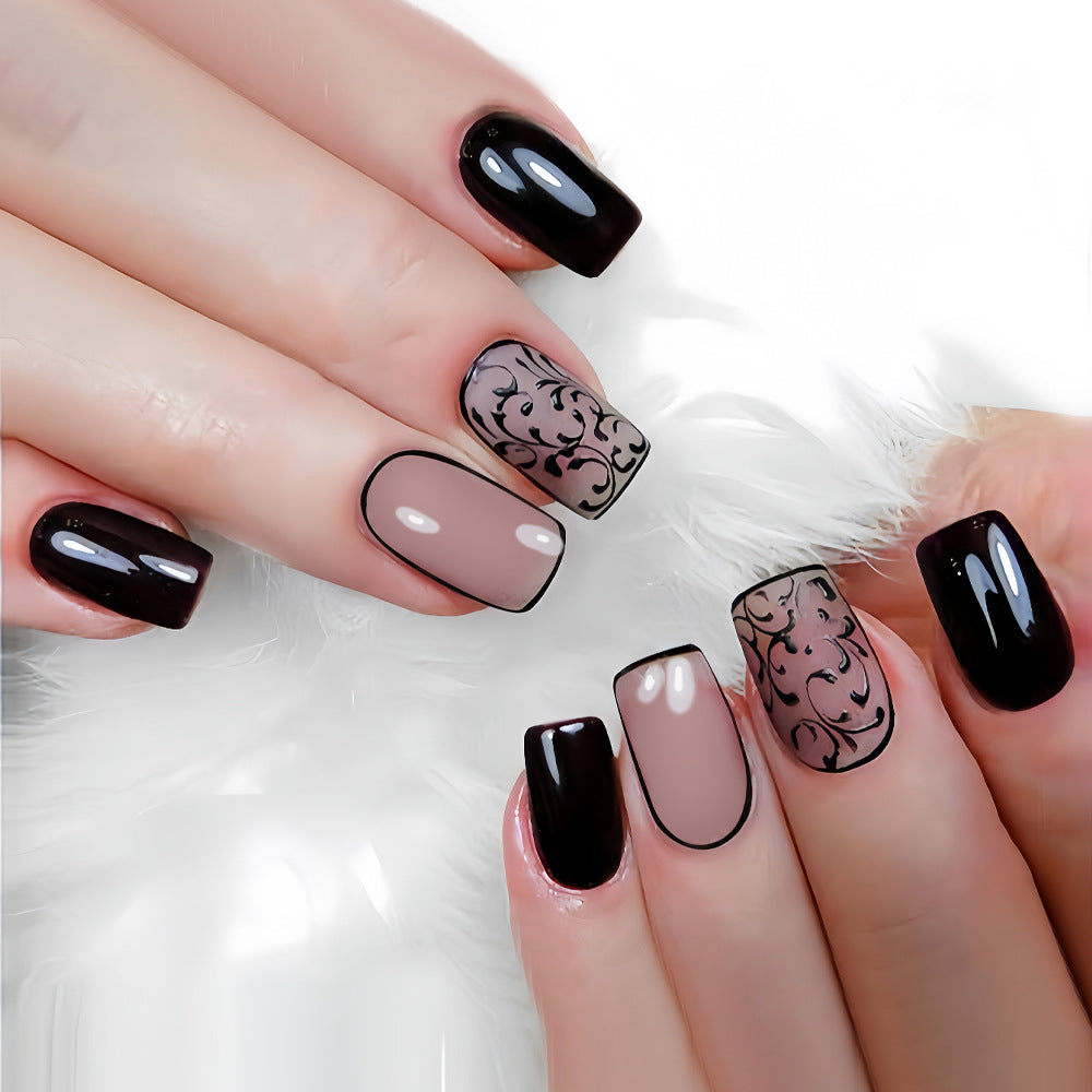 Elegant Gothic Charm Medium Square Black and Beige Press On Nail Set with Intricate Floral Design