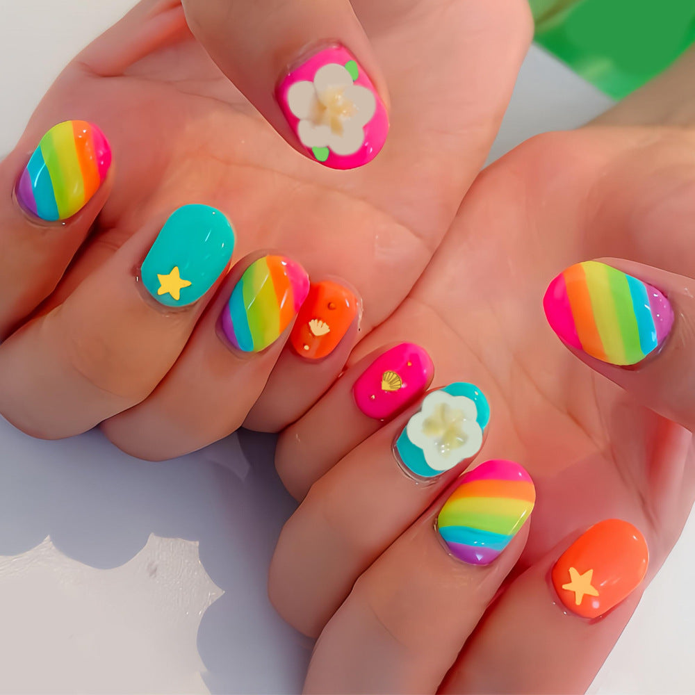 Rainbow Delight Squoval Short Colorful Press-On Nail Set with Charming Floral Accents