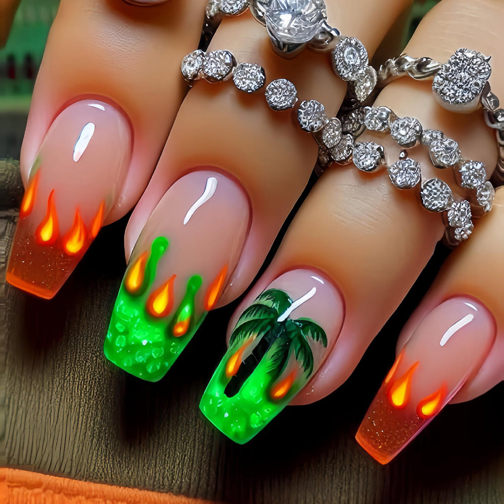 Tropical Oasis Long Coffin Natural Orange and Green Flame Design Press On Nail Set