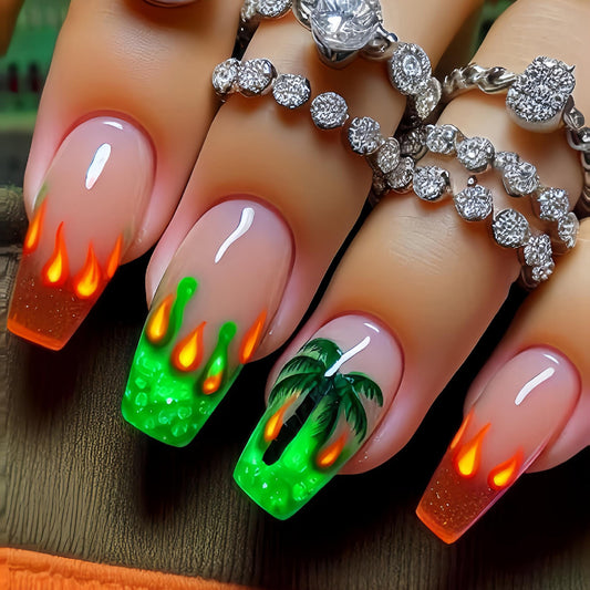 Tropical Oasis Long Coffin Natural Orange and Green Flame Design Press On Nail Set