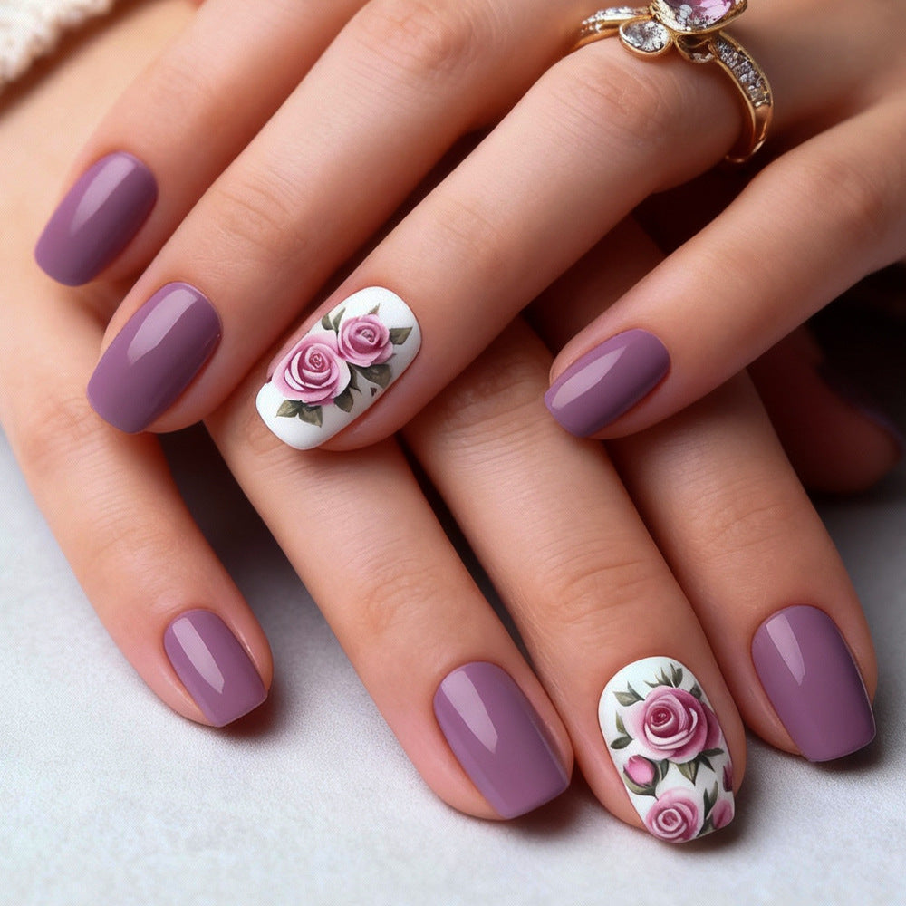 Vintage Blossom Charming Medium Square Lavender with Elegant Floral Design Press On Nails Set