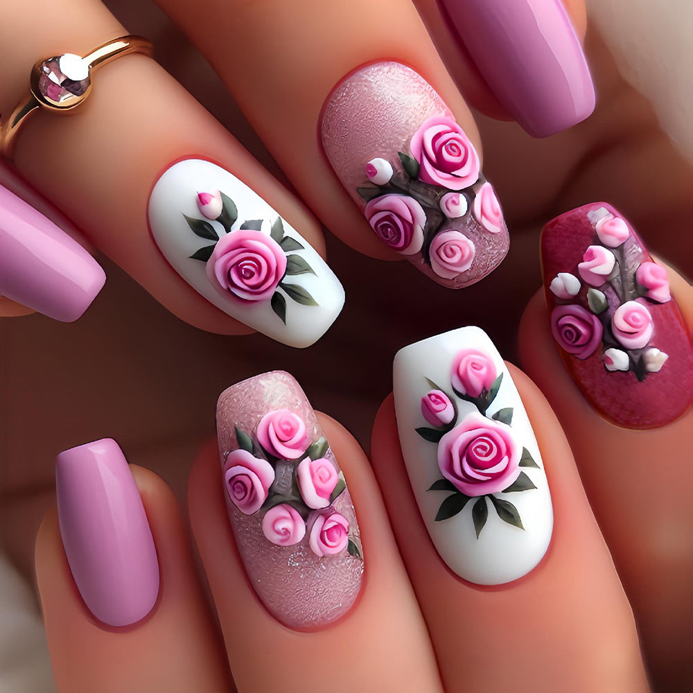 Blossom Garden Medium Square Pink Nail Set with Three Dimensional Floral Accents