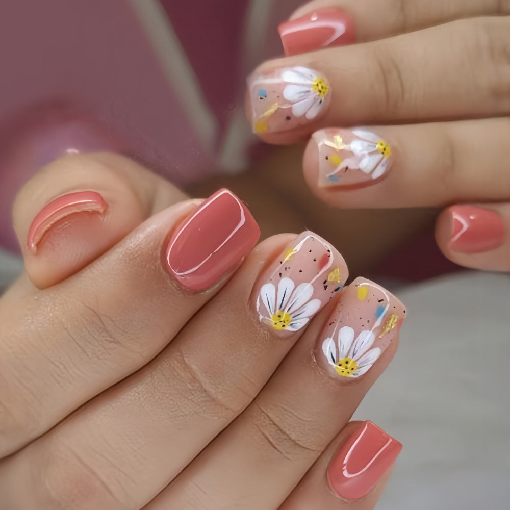 Floral Dream Short Square Pink with Dazzling Flower Design Press on Nail Set