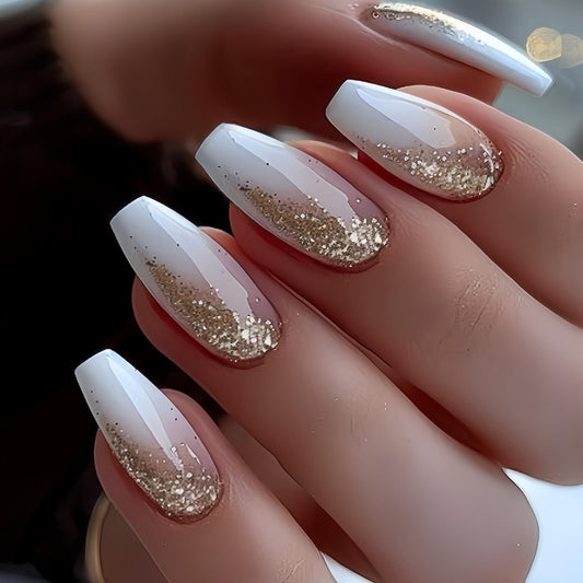 Glistening Dreamy White Medium Coffin Shaped Press On Nail Set with Glamorous Glitter Fade