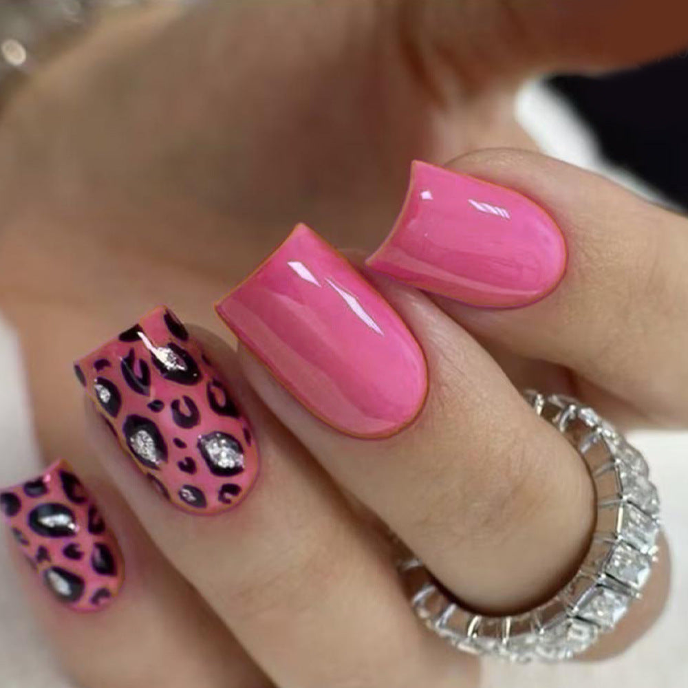 Wild Glamour Soft Pink Medium Square Press-On Nail Set with Leopard Print and Glitter Accents