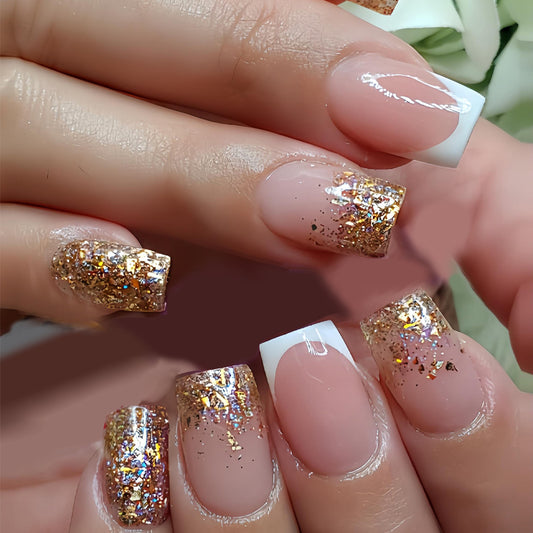 Glistening Elegance Medium Square Pink with Gold Glitter and Stylish French Tips Press On Nail Set
