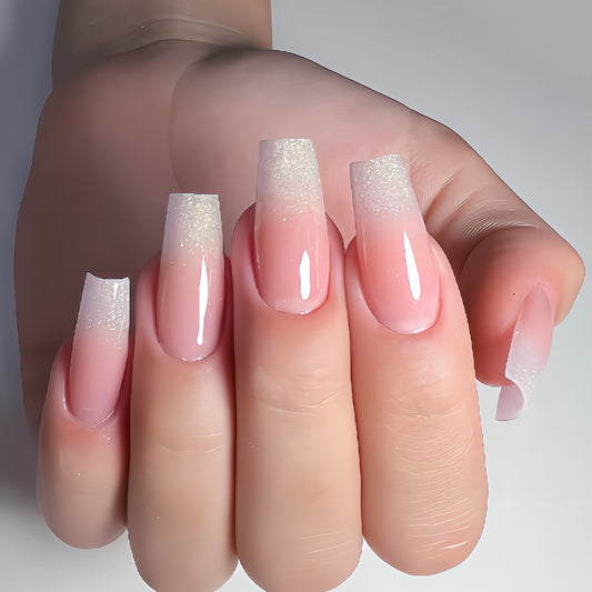 Glamorous Blush Long Square Pink Ombre Press on Nail Set with Sparkling Glitter Finish