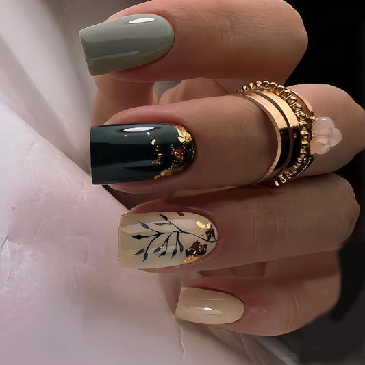 Elegant Forest Escape Medium Square Press On Nail Set in Deep Green Soft Gray and Gold Leaf Design