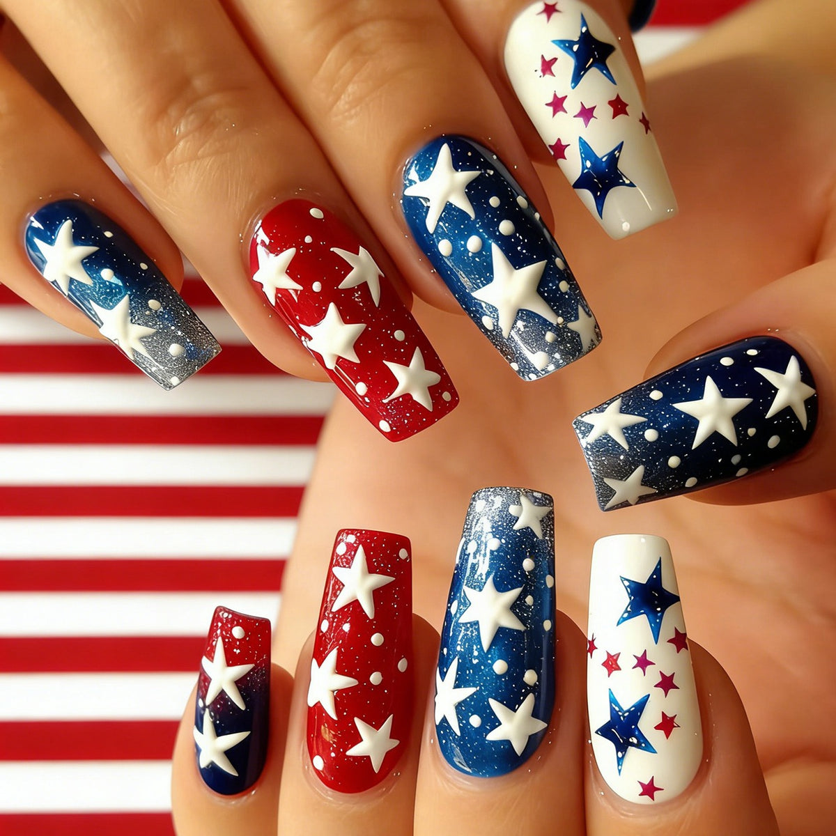 Patriotic Glamour Long Coffin Red and Blue Starry Nail Set