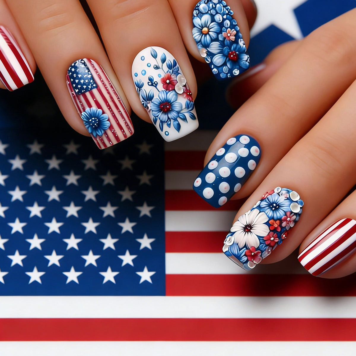 Patriotic Nail Art Short Square Red and Blue Floral Design