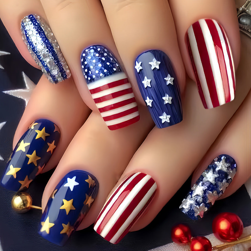 Patriotic Nail Art Long Square Sparkly Glitter and Star Design Press on Nail Set