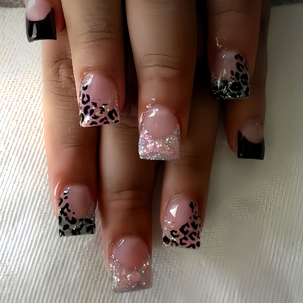 Wild Safari Medium Square Pink and Black Press On Nail Set with Sparkling Accents and Leopard Print Design