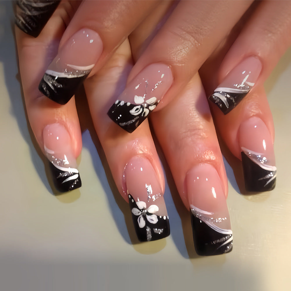 Elegant Noir Inspired Long Square Black and Clear Floral Press On Nail Set
