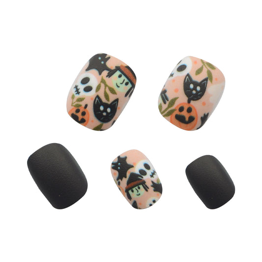 Enchanted Garden Short Length Oval Peach Press On Nail Set with Black Matte Accents and Whimsical Floral Cat Design