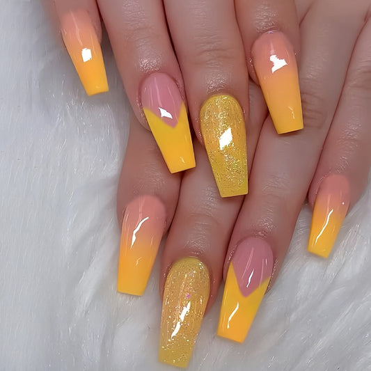 Sunshine Bliss Long Coffin Yellow Ombre Press On Nail Set with Glitter Accent