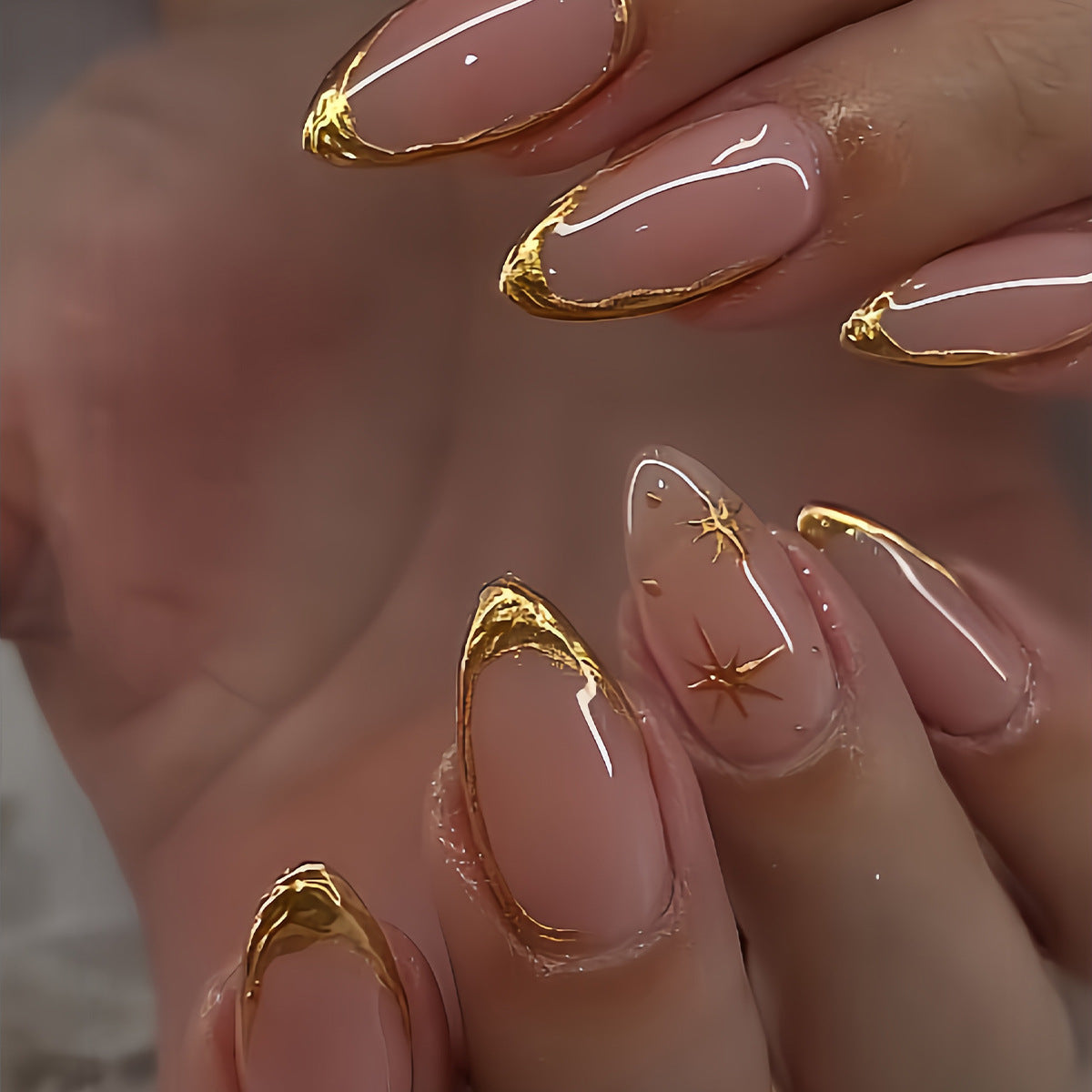 Celestial Glamour Medium Almond Pink with Gold Tips Press-On Nail Set