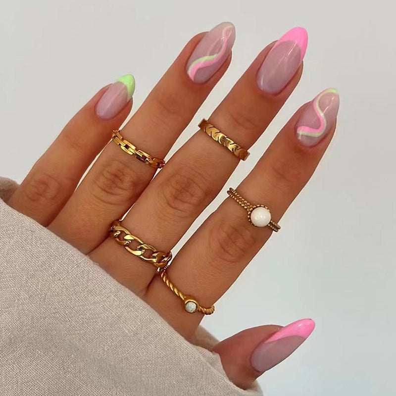 Enchanted Glow Medium Almond Pastel Pink Ombre Press On Nails with Neon Accents