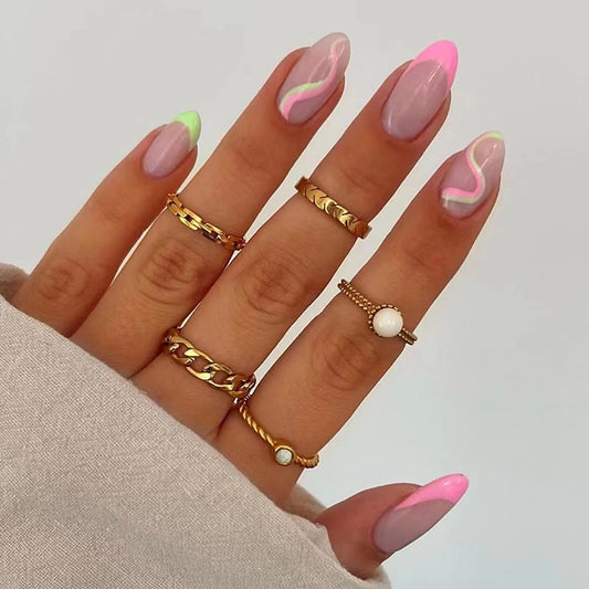 Enchanted Glow Medium Almond Pastel Pink Ombre Press On Nails with Neon Accents