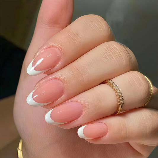 Elegant Serenity Medium Almond Blush Pink with White Tips Press On Nails Set Featuring Glossy Finish