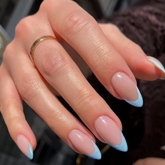 Chic Ocean Vibes Medium Almond Pink and Blue Glossy Press On Nail Set with Unique Color Block Design