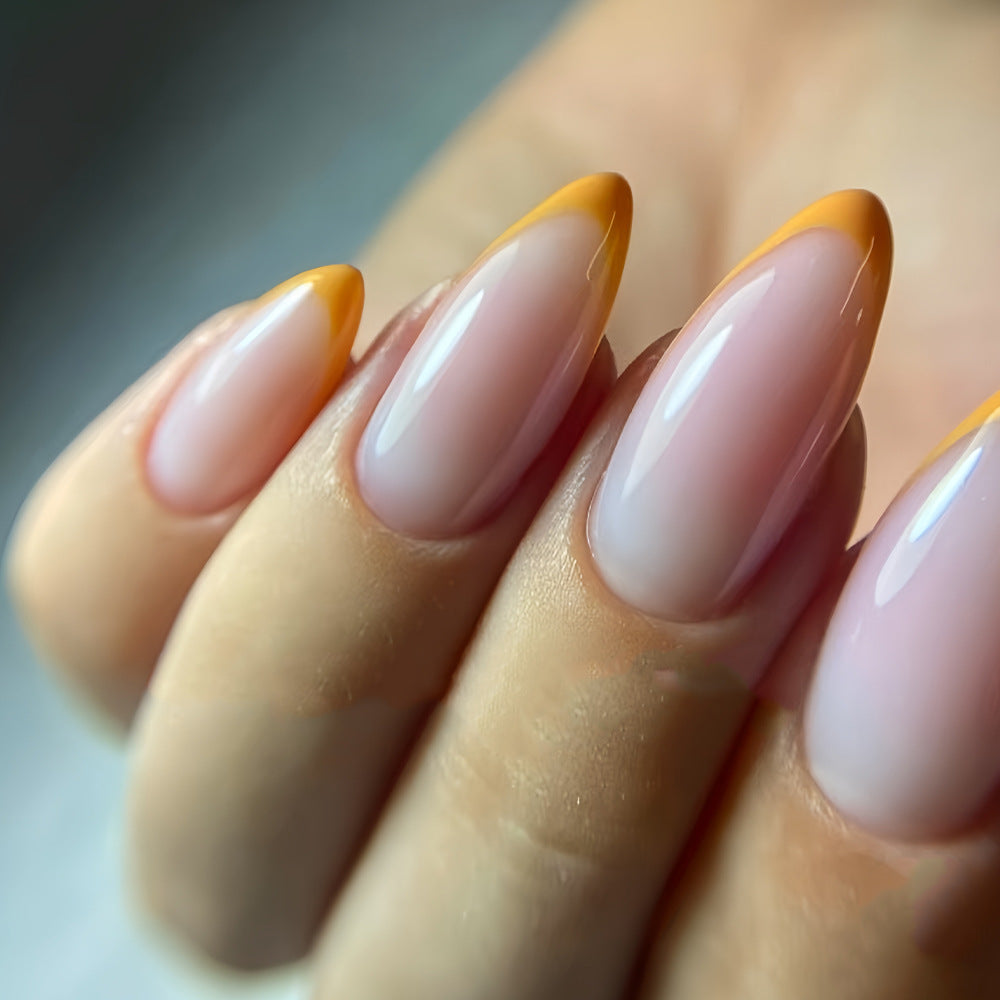 Glamorous Sunset Inspired Medium Almond Pink and Orange Ombre Press On Nail Set With Glossy Finish