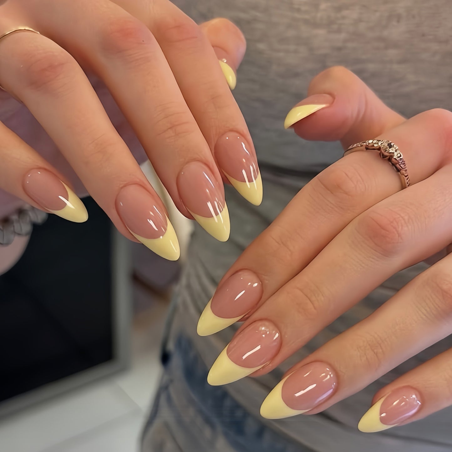 Chic Sunshine Dream Long Almond Beige and Yellow Gradient Press on Nail Set with Glossy Finish