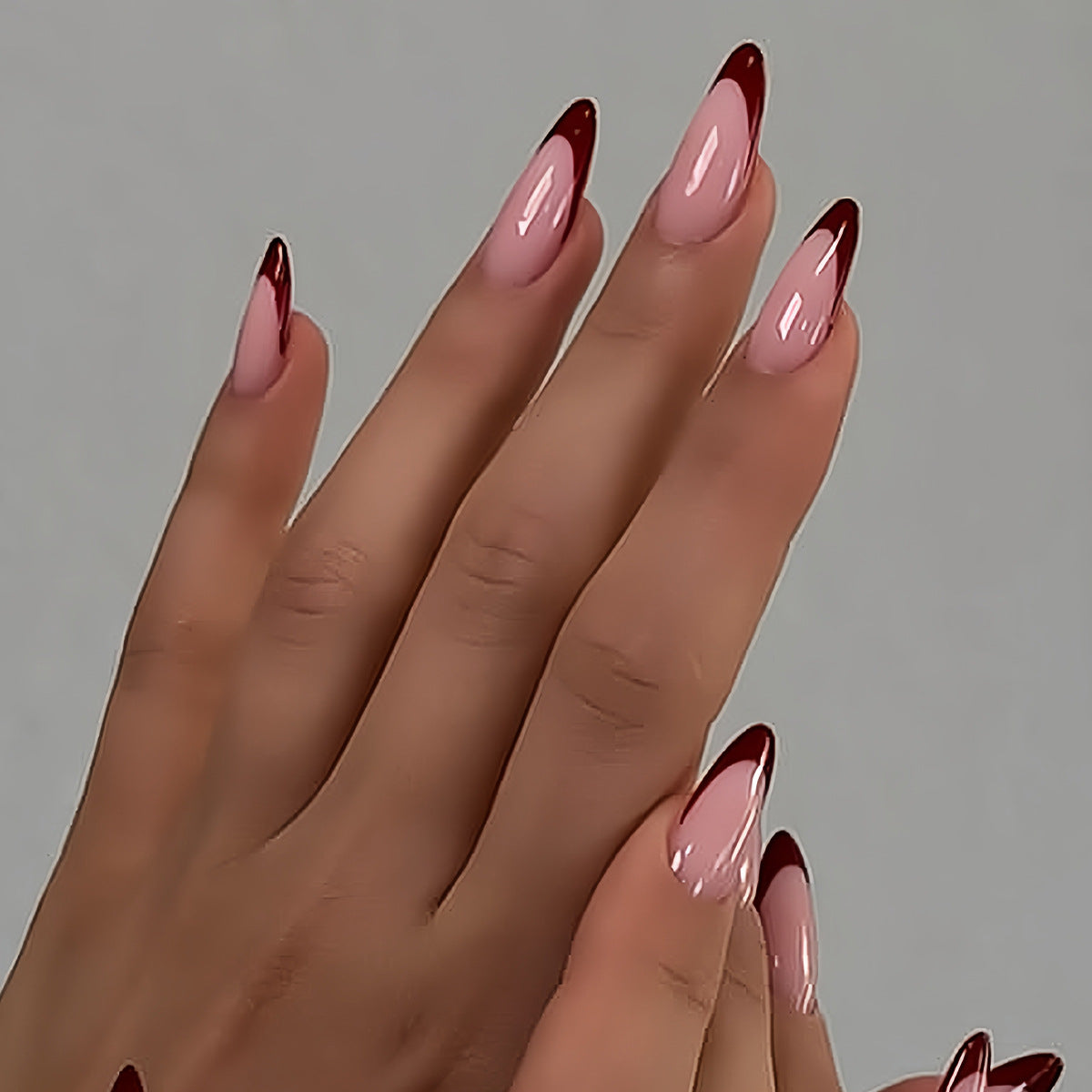 Romantic Elegance Long Almond Pink with Burgundy Tips Press On Nail Set