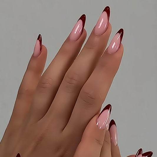 Romantic Elegance Long Almond Pink with Burgundy Tips Press On Nail Set