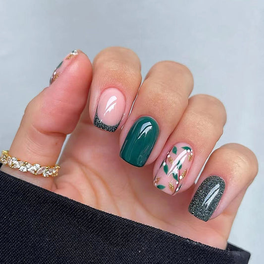 Enchanted Garden Medium Square Press On Nail Set in Pink and Green with Glitter Accents and Floral Design