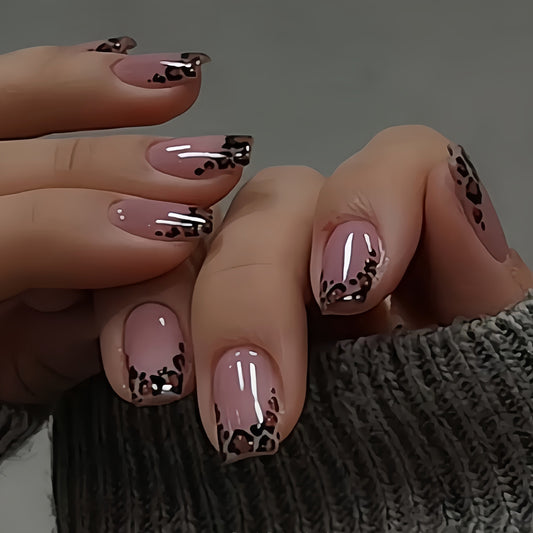 Glamorous Leopard Chic Medium Square Beige Nails with Stunning Abstract Tips